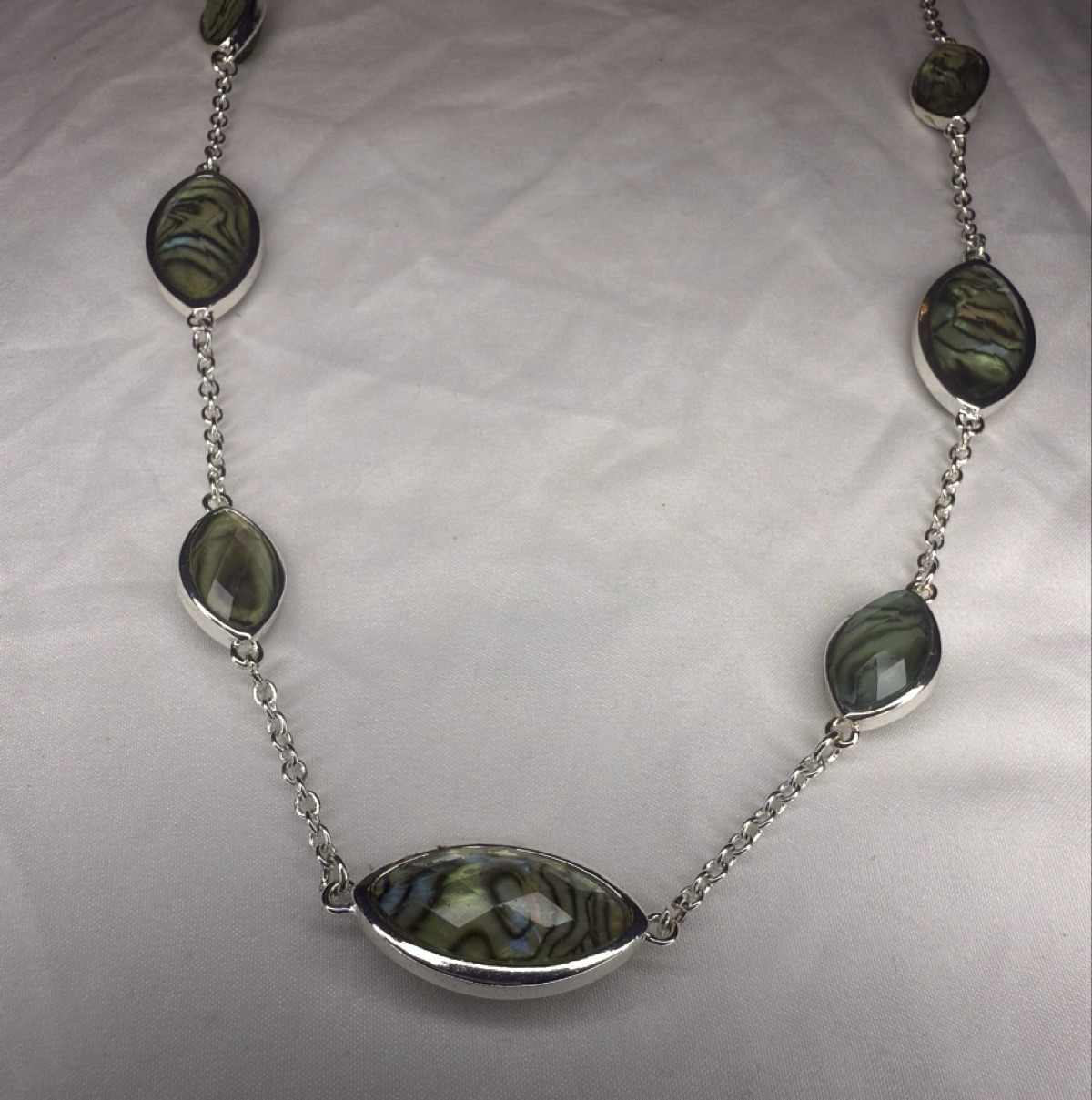 Swarovski 32″ Abalone Shell Crystal Station Necklace Signed Swan Logo Flush Set