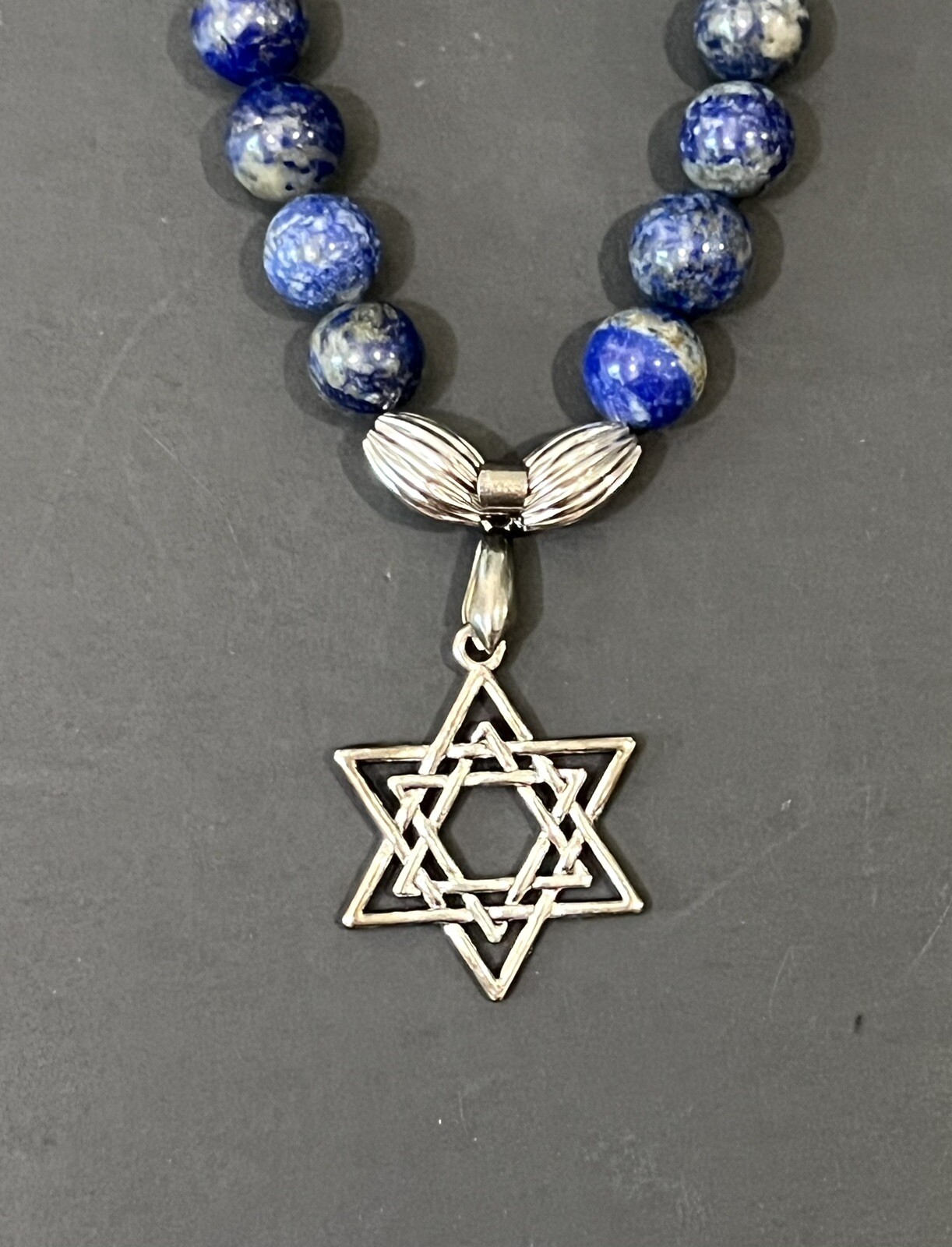 Handmade Jewish Star Of David Silver & Blue Beaded Elastic Chocker Necklace NEW