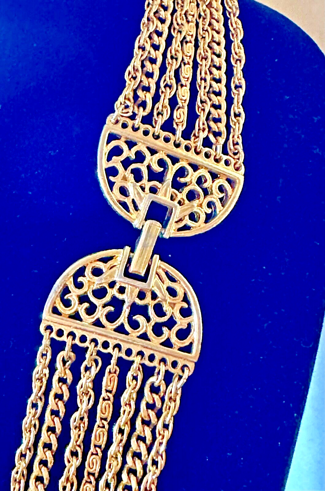 7 Strand Chain Necklace Ornamental Clasp Gold Tone Designer Style Statement