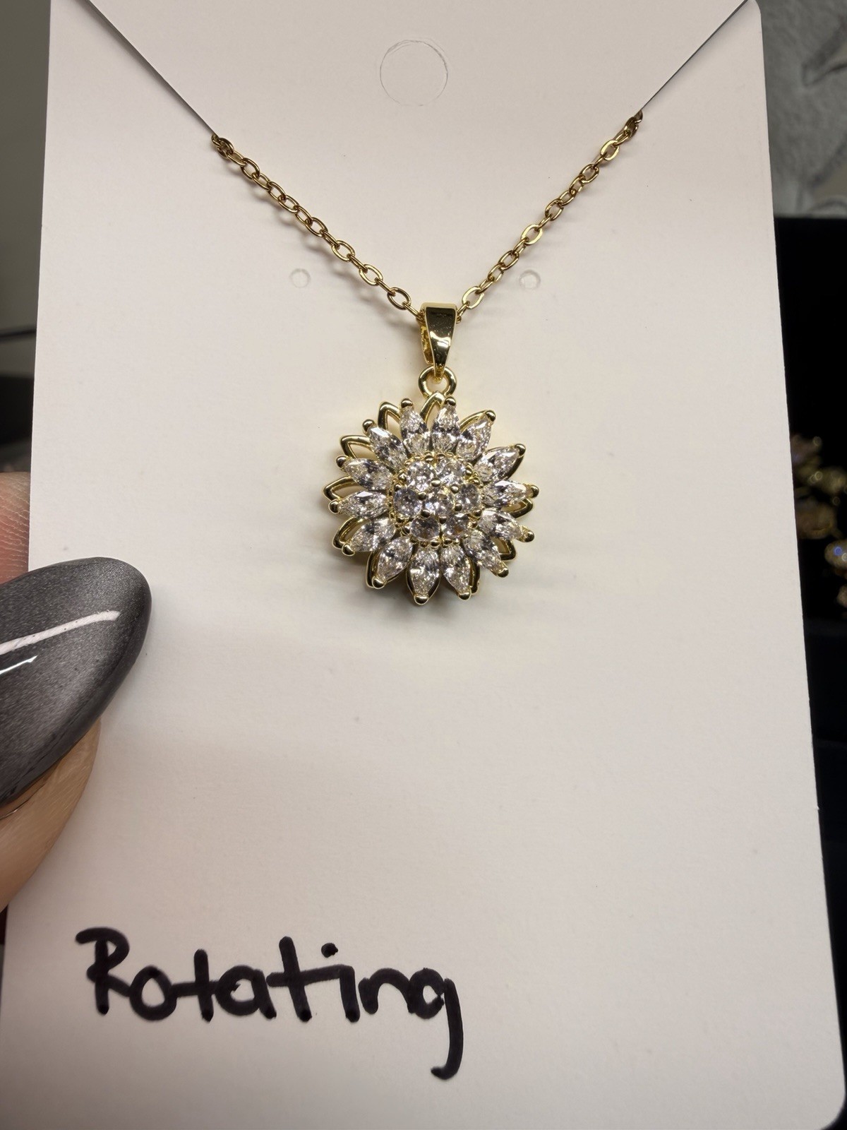 Gold Plated Rotating Flower Pendant Cable Chain Necklace Clear CZ