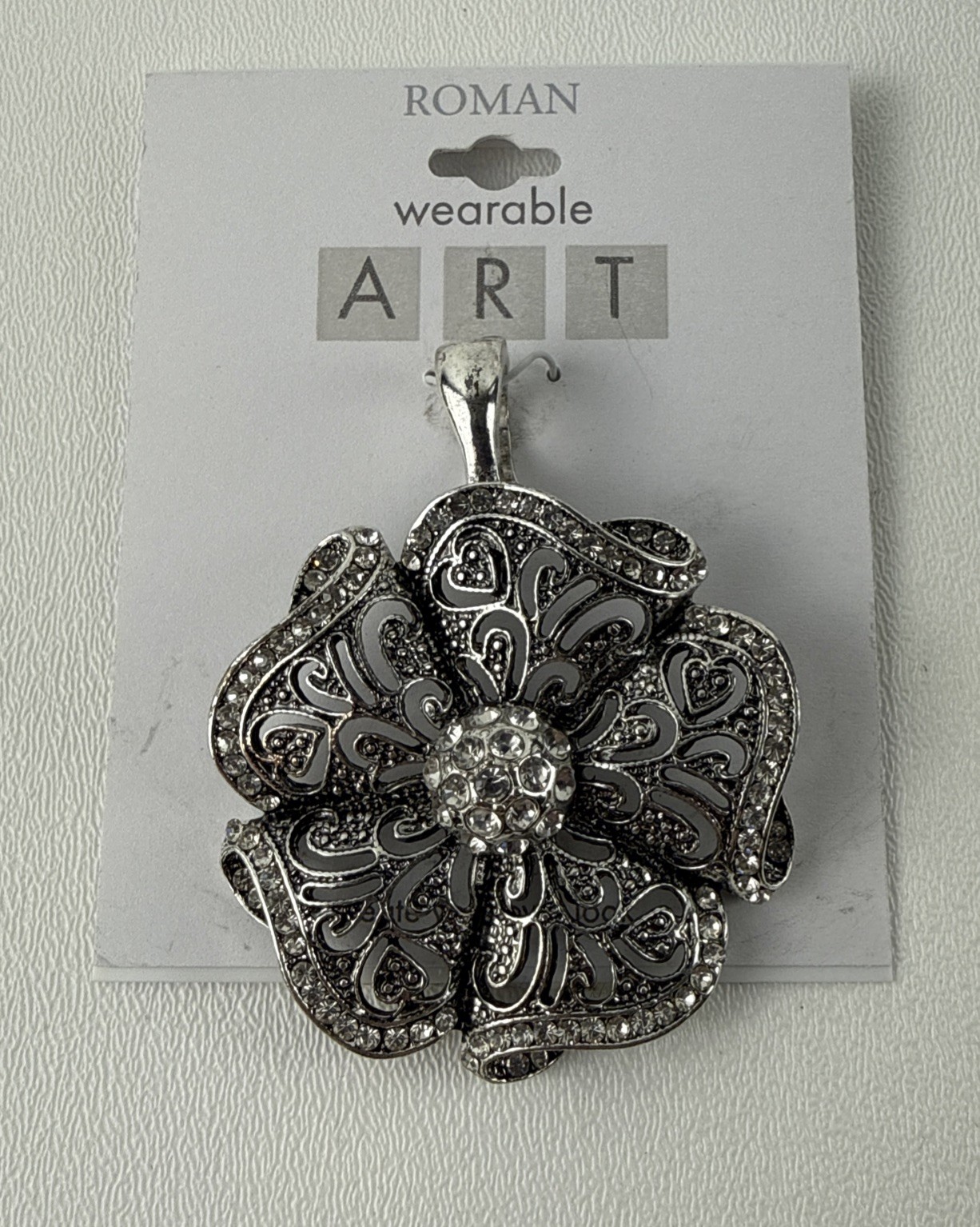 Wearable Art By Roman Silver Flower with Rhinestones Magnetic Closure NWT