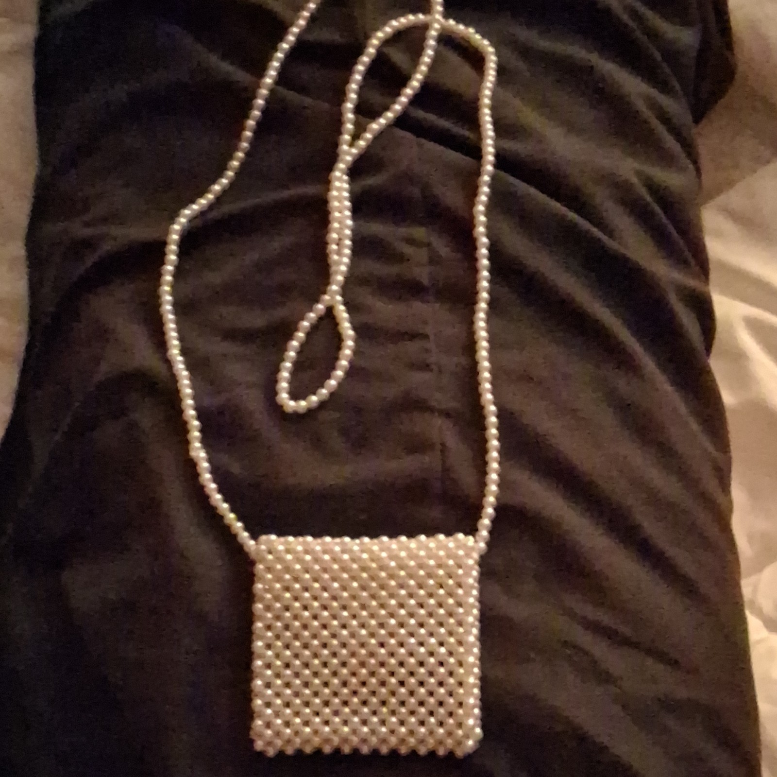 White Faux Pearl Beaded Ball Chain Necklace with Square Charm Pendant