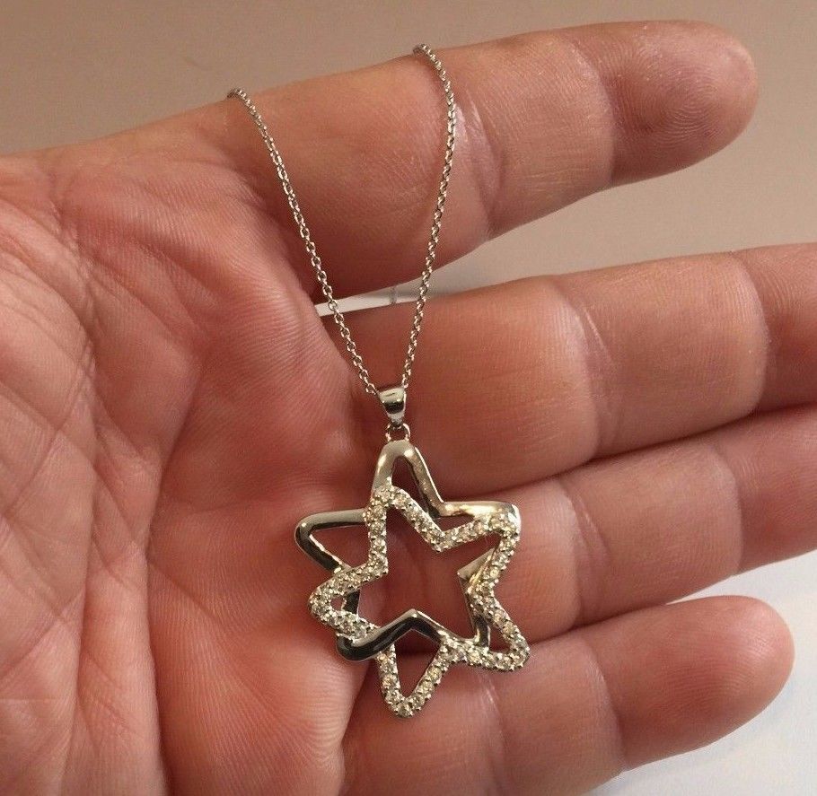 925 SILVER SILVER DOUBLE STAR PENDANT NECKLACE W/2 CT ACCENTS/18”