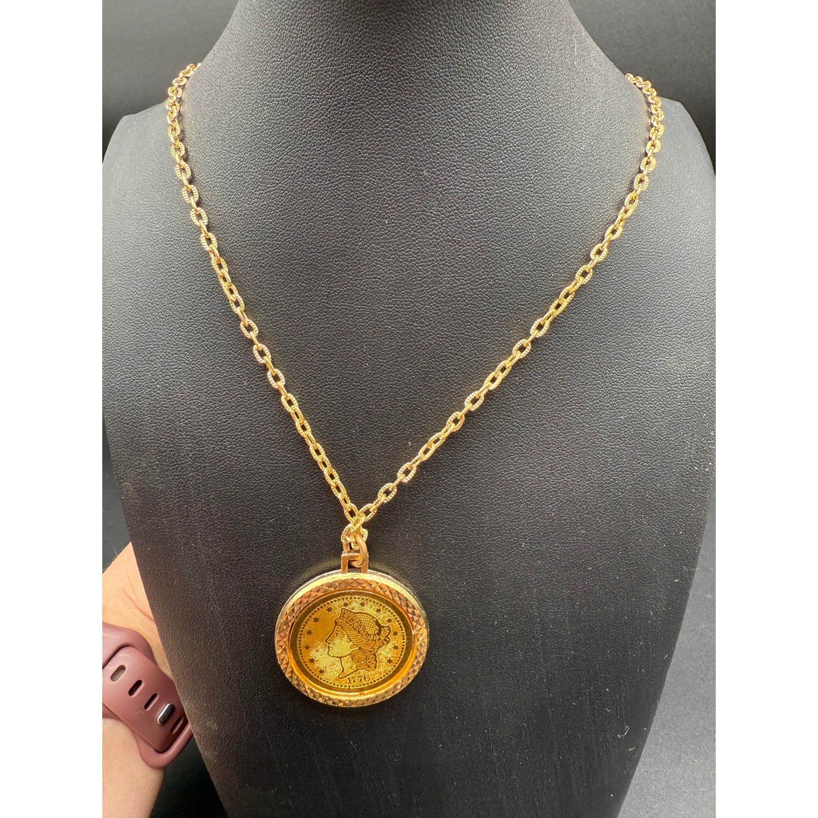 Vintage Gold Tone Liberty Coin Pendant Necklace Statement Jewelry