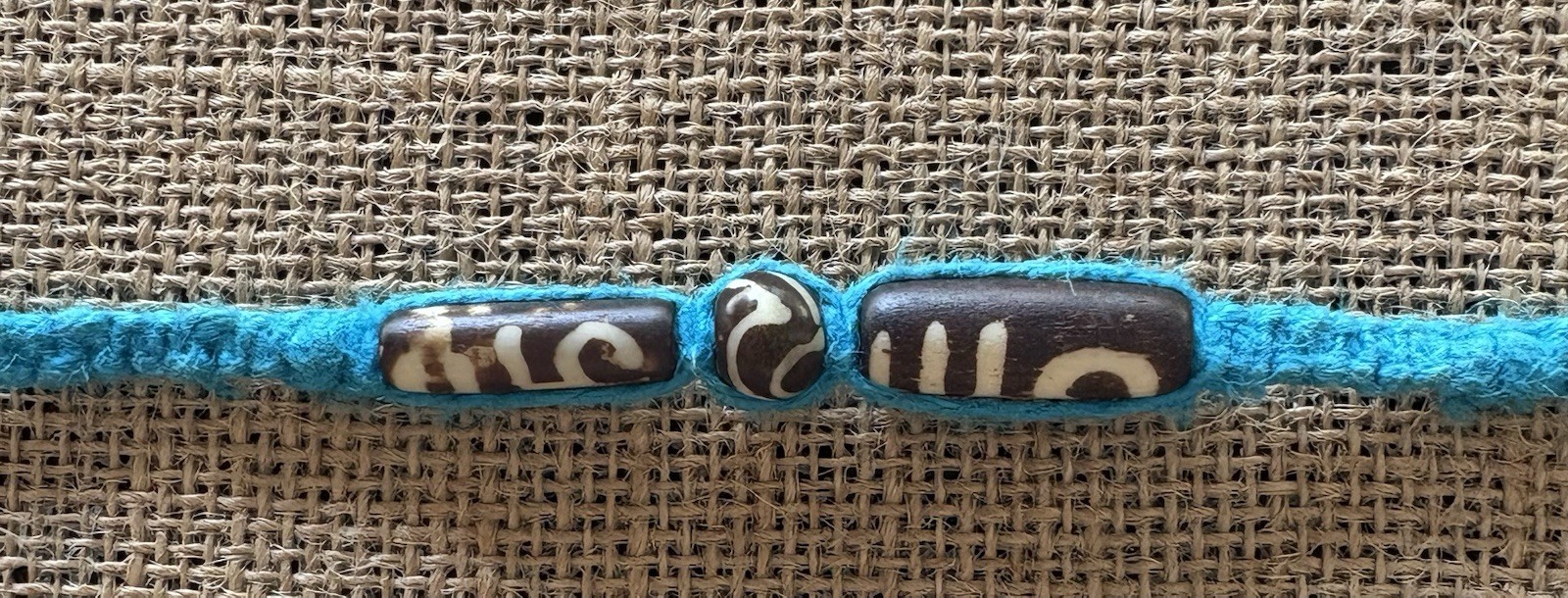 Wood Carved Bead Pendant Blue Cord Beaded Necklace Boho Adjustable Tie Closure