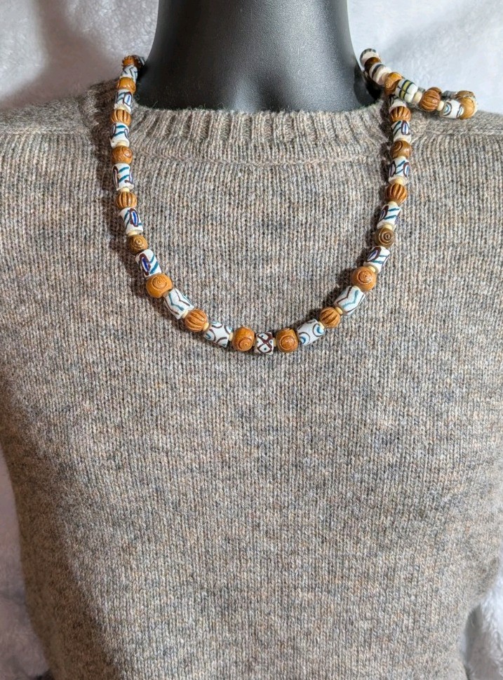 Men’s 24in Tribal Necklace and 8in sizeable Bracelet, White Krobo, for healing