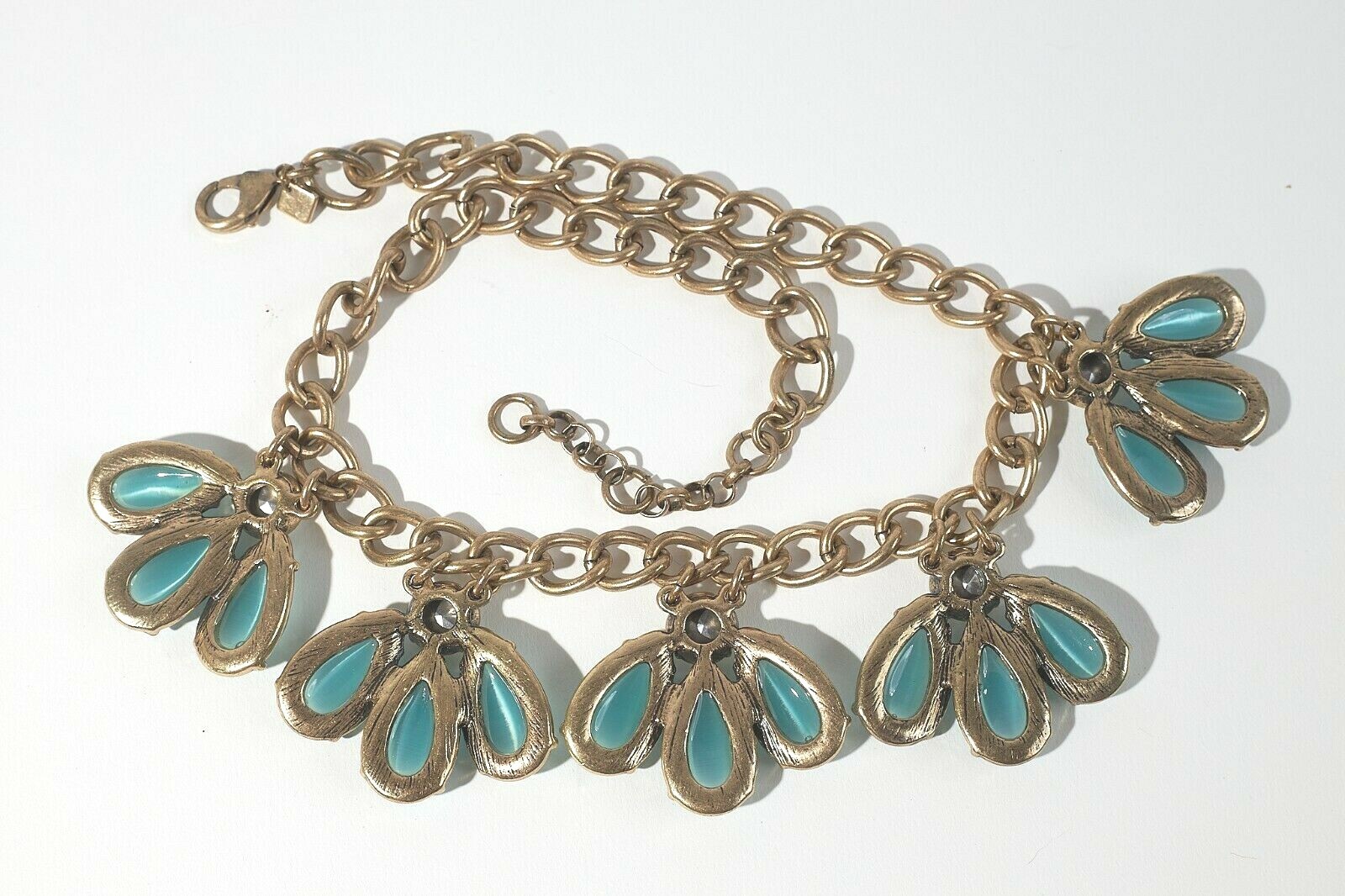 Banana Republic Antique Goldtone Necklace Blue Glass Petals +Rhinestones 16″+2″L
