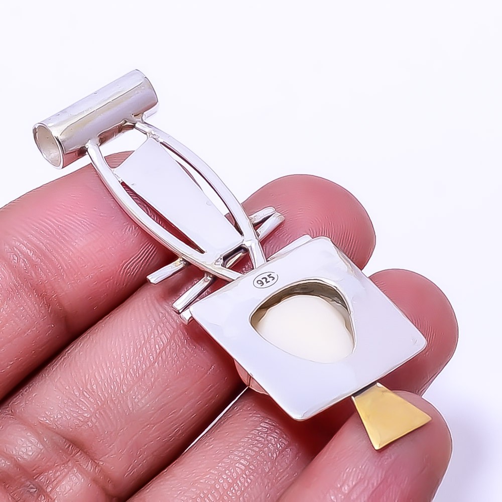 Carved White Coral 925 Sterling Silver Two Tone Designer Pendant 2.26″ P25