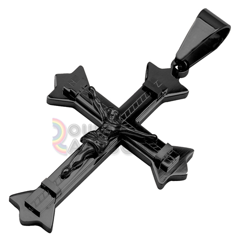 P27 24″Stainless Steel 316L Solid Black Jesus Cross Pendant Cuban Chain Necklace