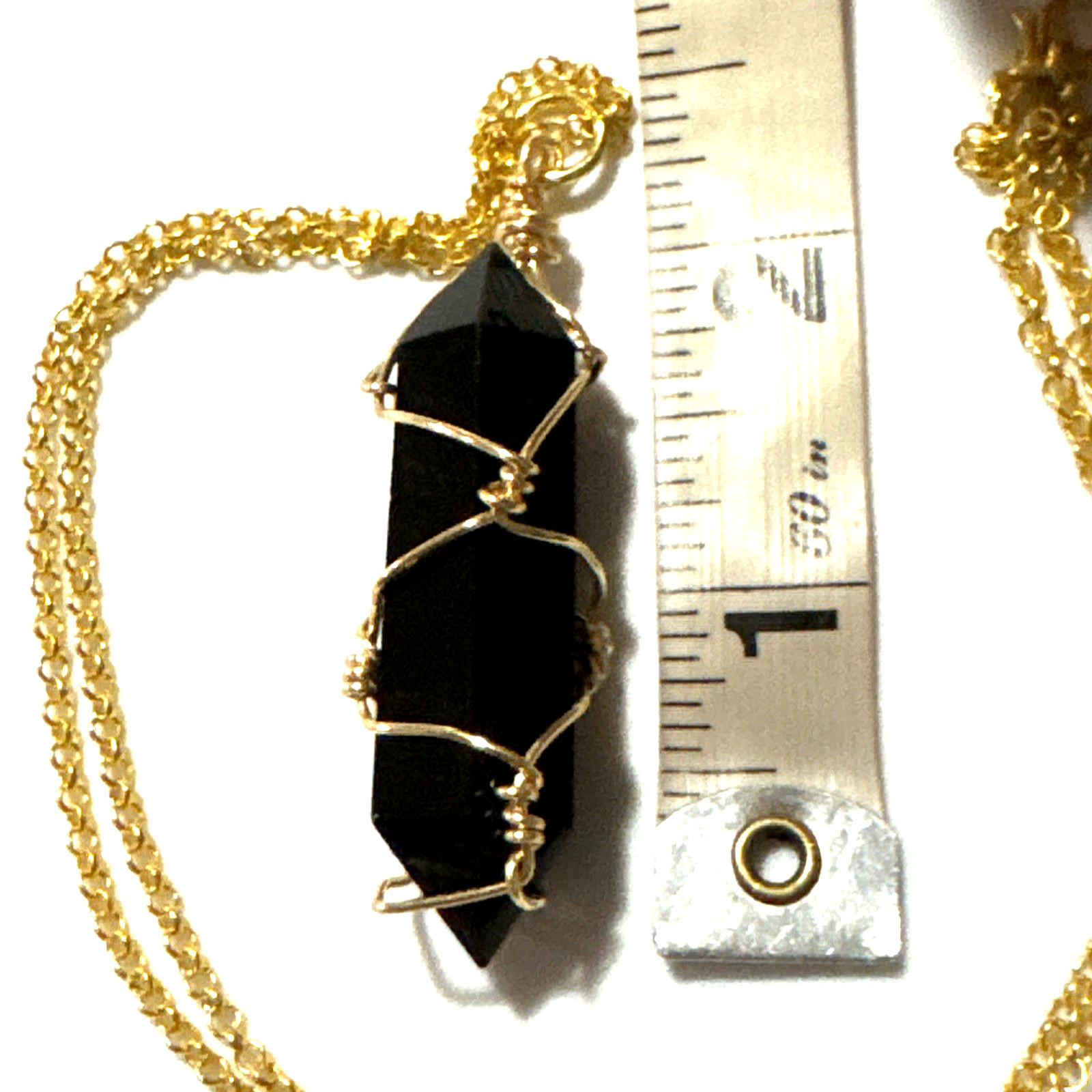 Black Obsidian Pendant Necklace Jewelry Gold Tone 21″ Chain Genuine Stone Bling