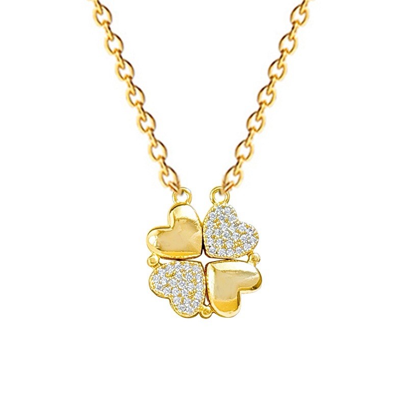 Gold Tone Clover Pendant Necklace, Pavé-Set White/Colorless Cubic Zirconia
