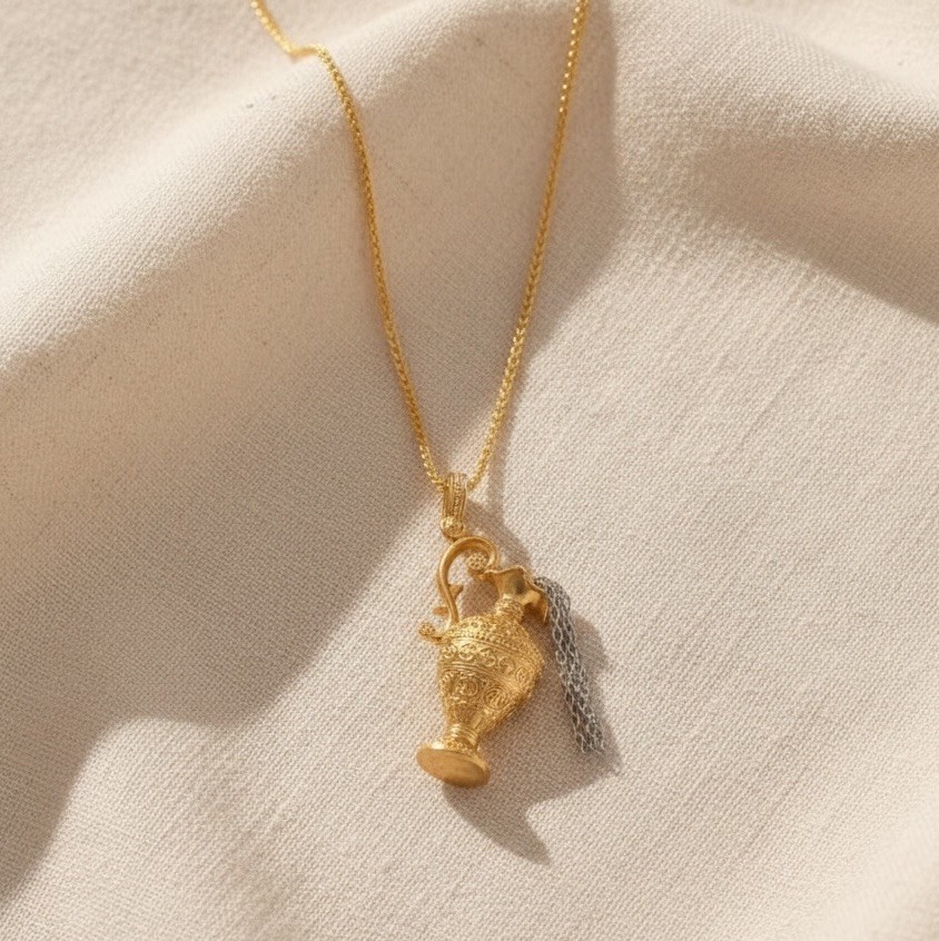 Medieval Museum Amphora Vase Necklace Chain Gold Antique VTG Boho Greek Tassel