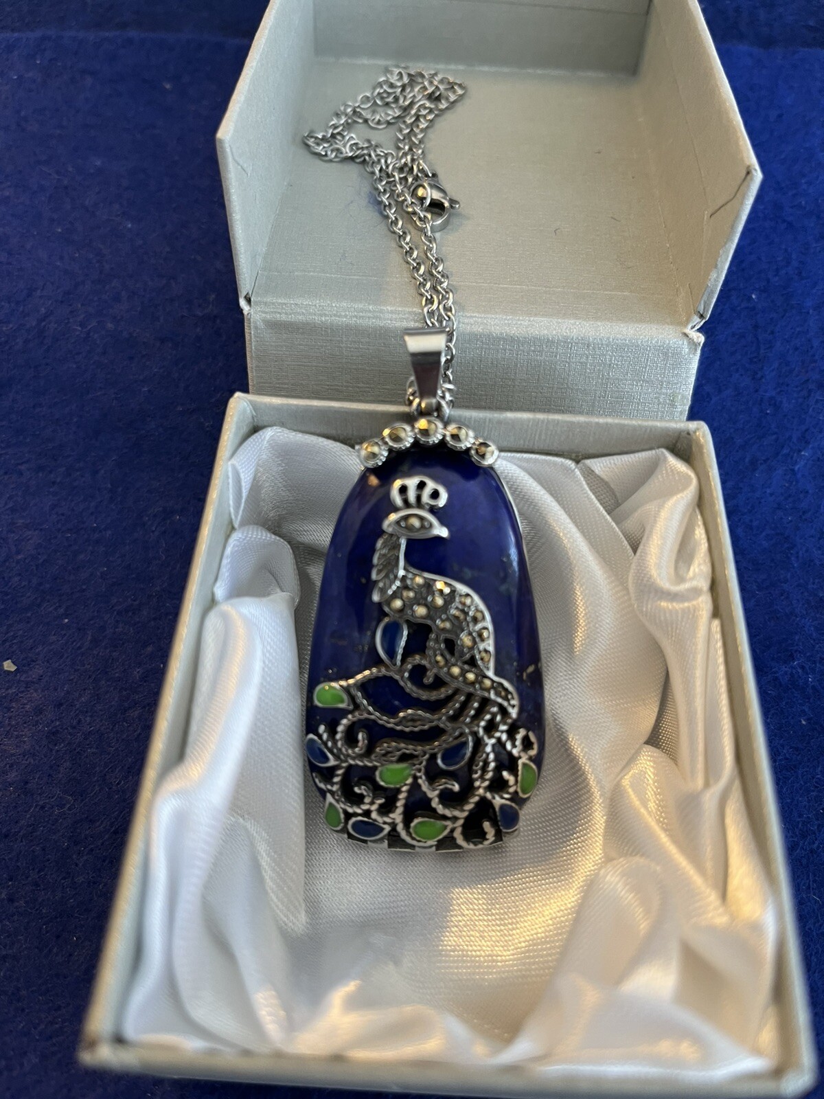 Lapis Lazuli, Swiss Margarita, Enameled Peacock Pendant Necklace (20”)