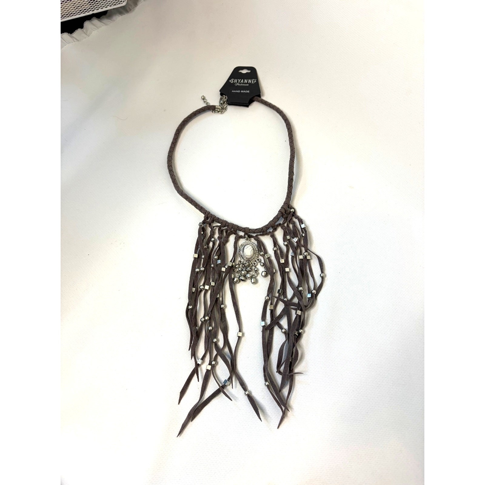 Shyanne Faux Leather Braided Silver Tone Beaded Fringe Western Necklace NEW