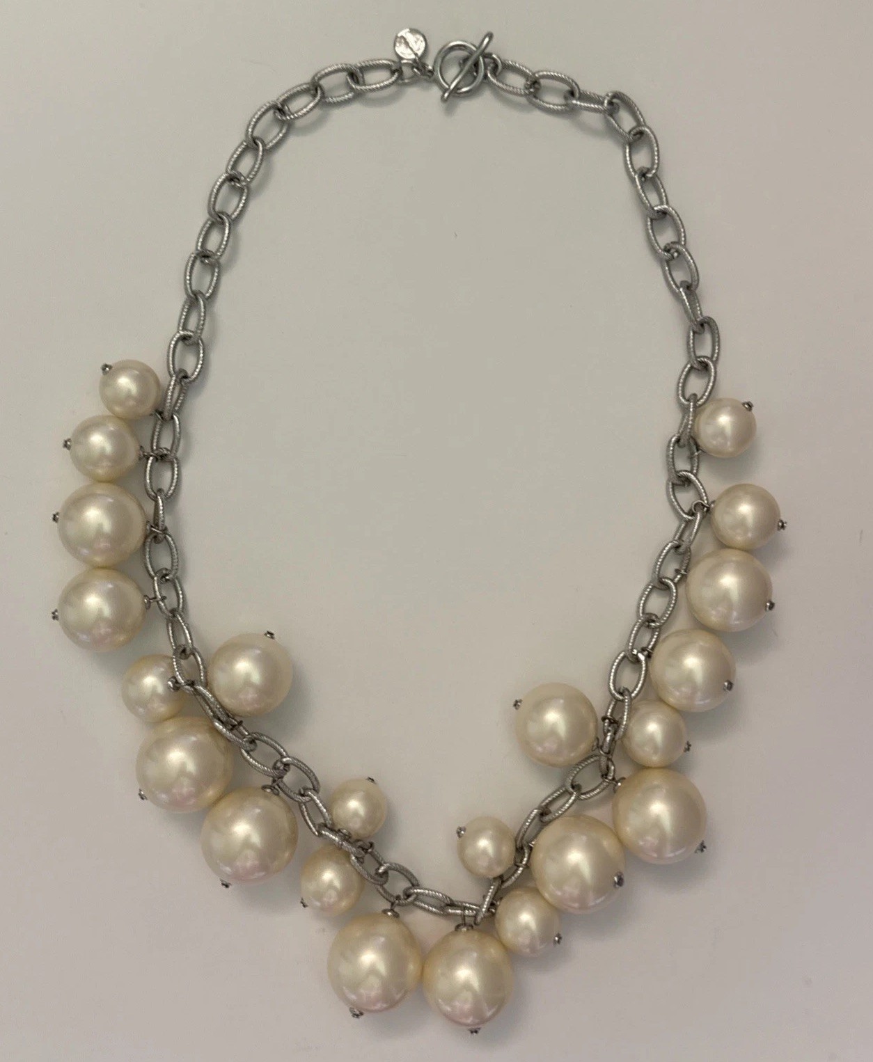 Talbots Chunky Faux Pearl Statement Necklace Silver Tone Cluster Bubble Toggle