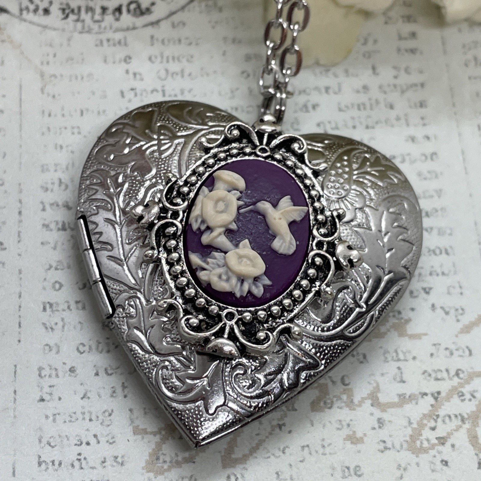 Heart Silver Locket Cameo Hummingbird purple Necklace Photo Bride bridal wedding