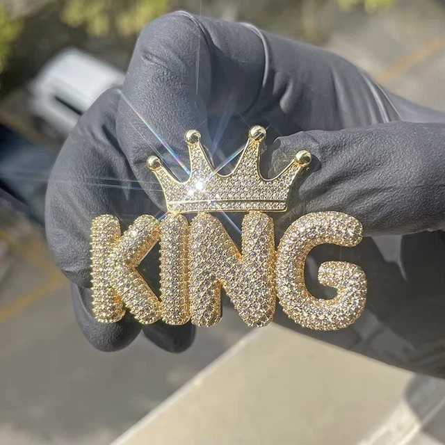 Real Moissanite 3Ct Round Cut King Crown Custom Pendant 14K Yellow Gold Plated