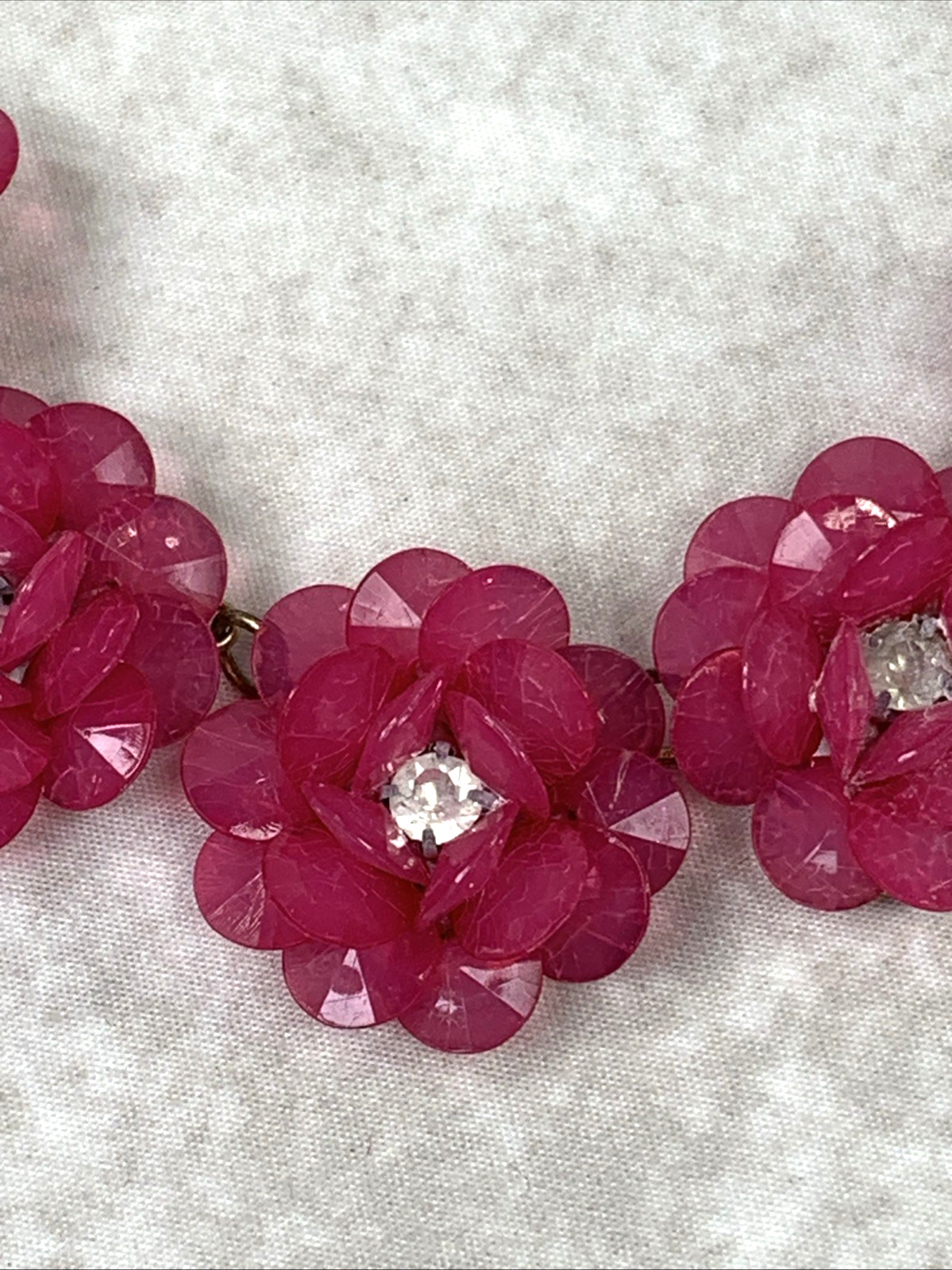 Womans Floral Necklace Pink Fuchsia Flowers and Clear Stones Gold Tone
