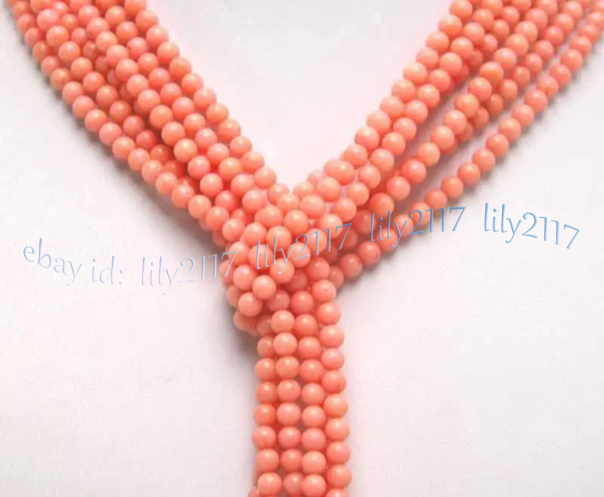Beauty 3 Strands Natural 4mm Pink Coral White Freshwater Pearl Necklace 50 inch