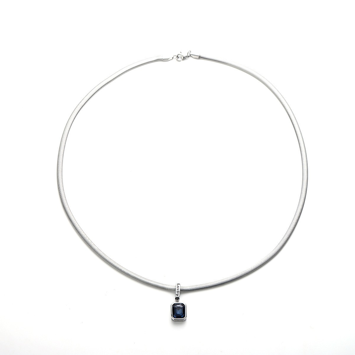 Titanium Steel Snake Chain Pendant Necklace Lucky Square Blue Cubic Zirconia