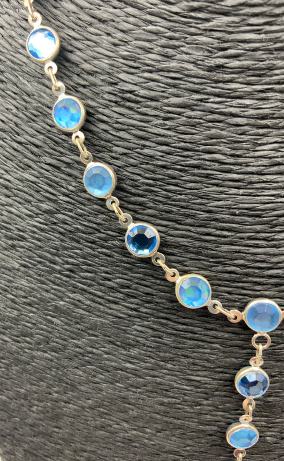 Vintage Blue Bezel Lariat Necklace Silver Tone Metal Glass 18cms