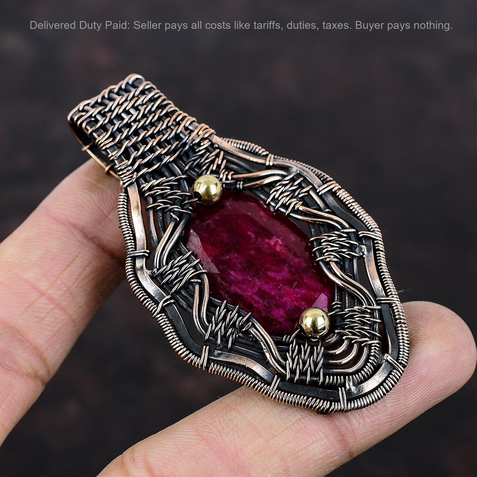 Kashmir Rubi Stone Wire Wrapped Engagement Anniversary Birthday Pendant Copper