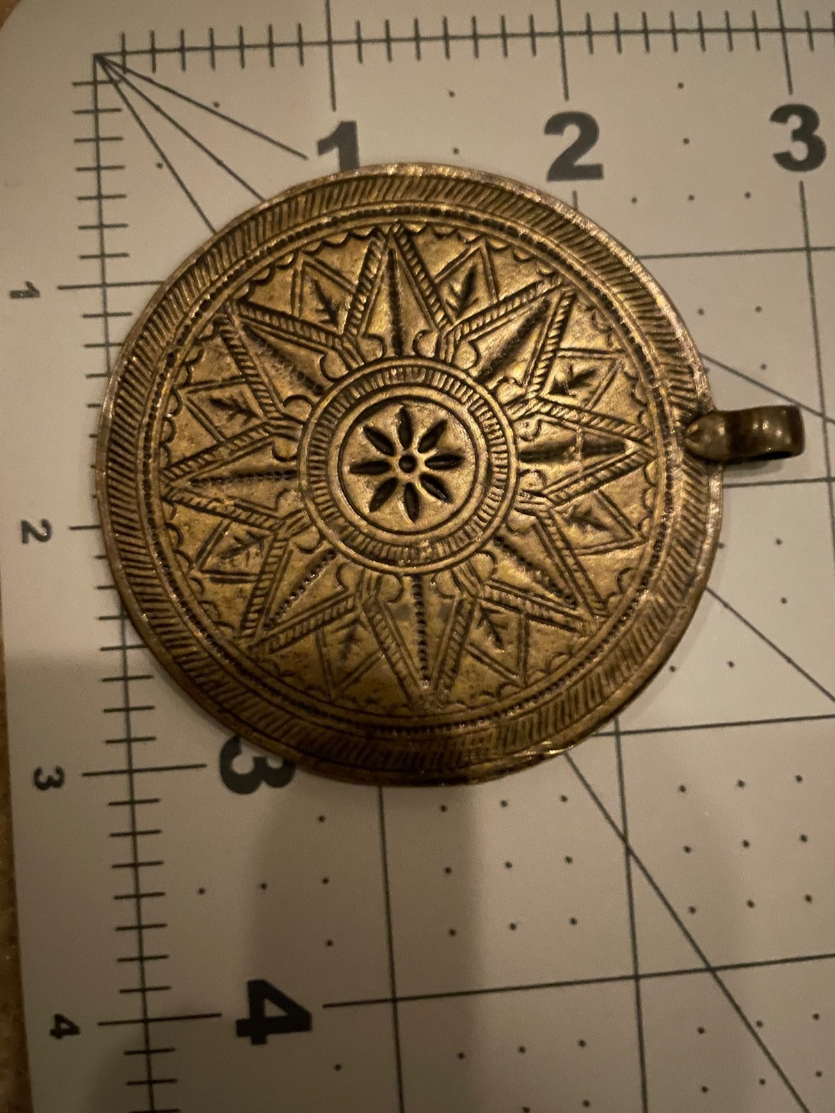 Large Double Sided Compass Rose Pendant Antiqued Brass Tone Boho Medallion 2″