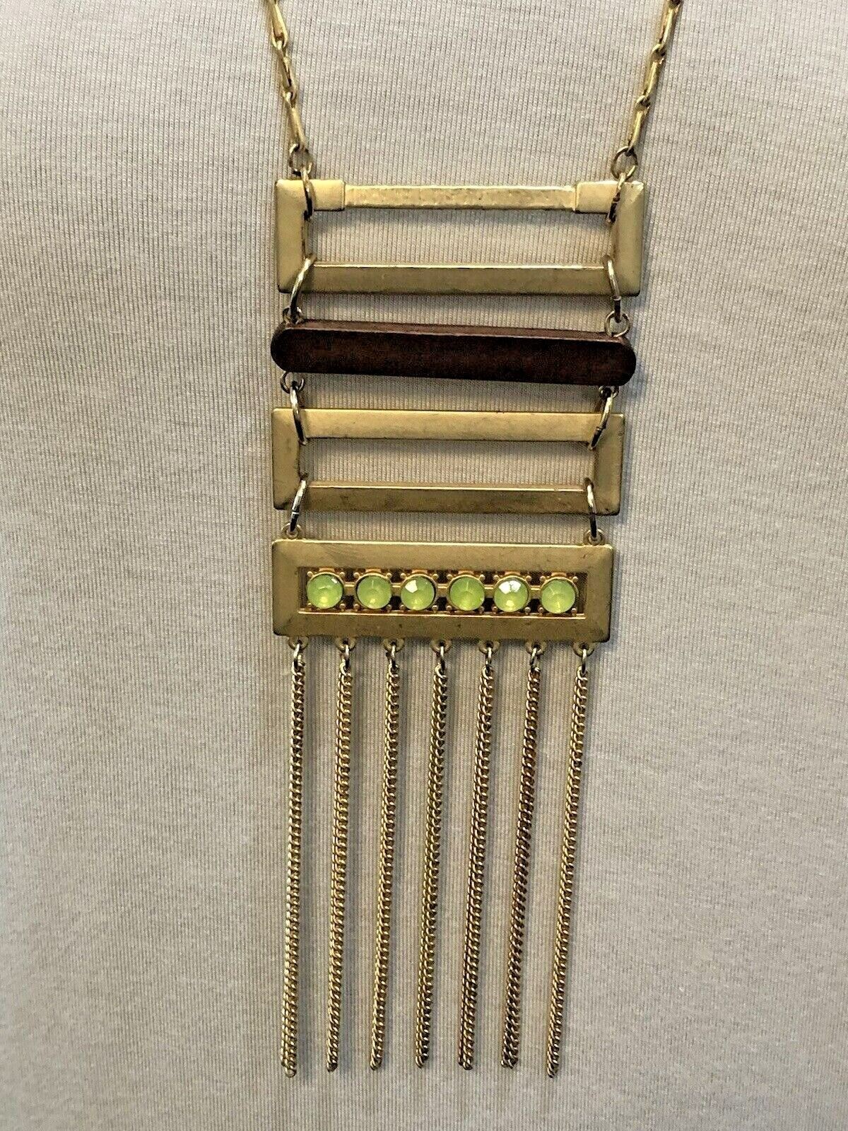 Gold Tone Geometric Fringe Pendant Necklace Wood Chartreuse Green Statement Boho