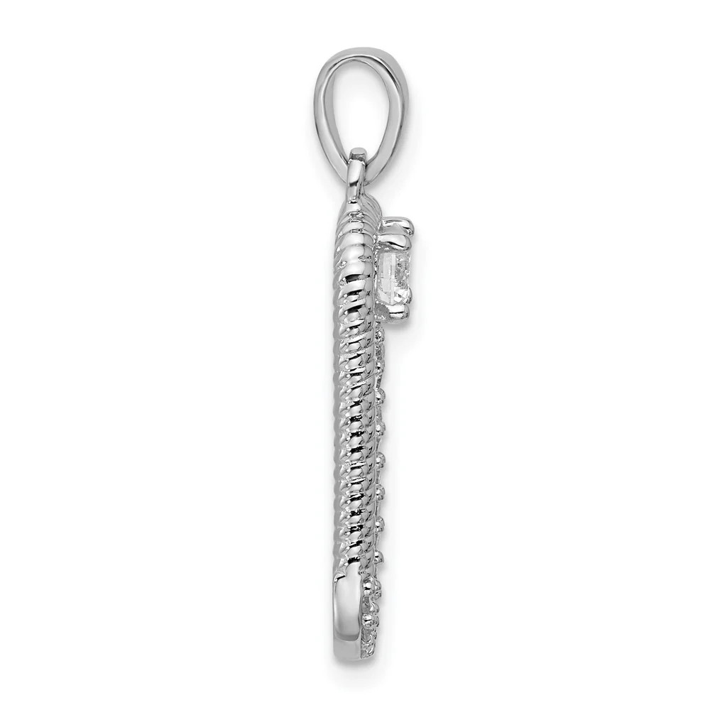 Sterling Silver Rhodium-Plated CZ Textured Rectangle Pendant