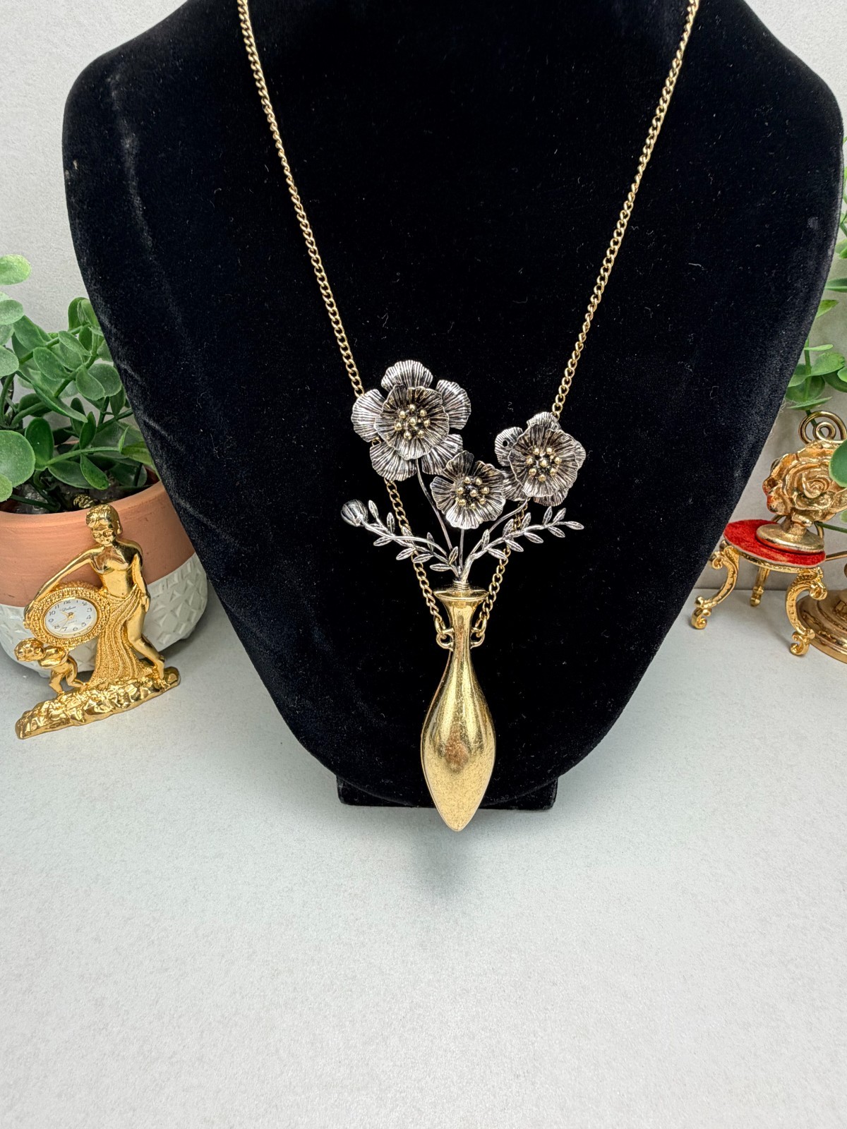 Zara Floral Vase Pendant Necklace Silver And Gold Runway Statement Chic NWOT