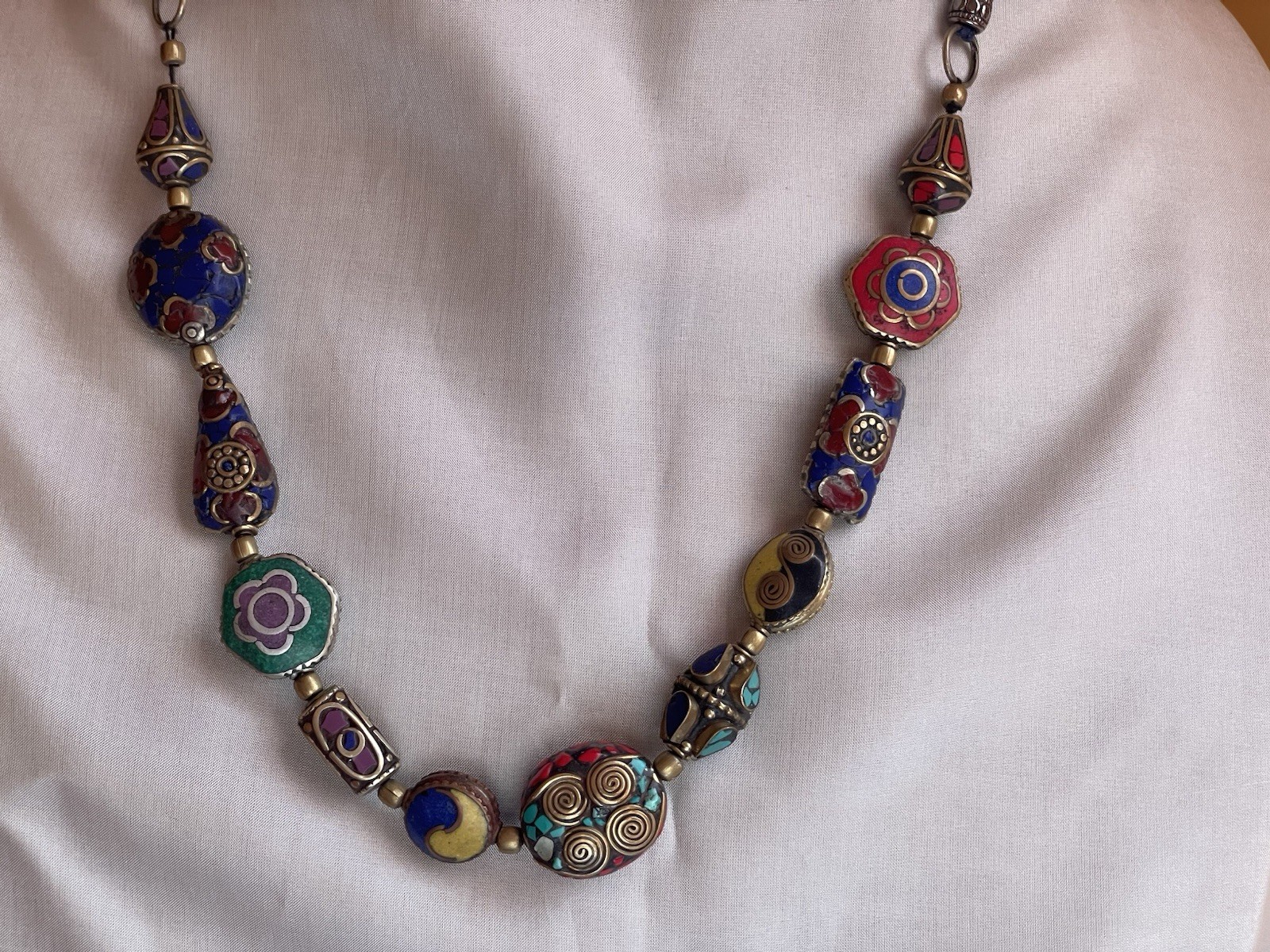 Multicolor Brass Semi Precious stones Inlay Work Nepal Bead Necklace 18” Length