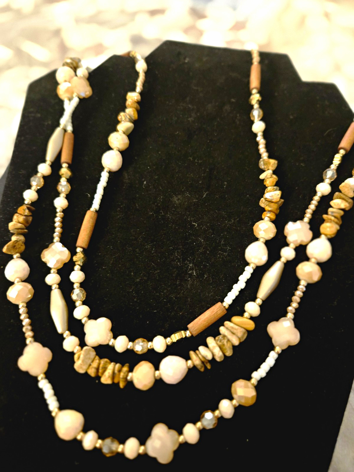 Layered Multi-Strand Beaded Necklace Beige White Gold Tone, Lobster Clasp