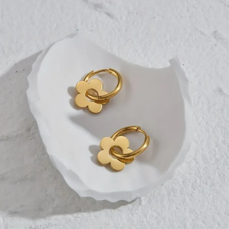 Tiny Golden Flower Design Hoop Earrings Stainless Steel Jewelry Elegant