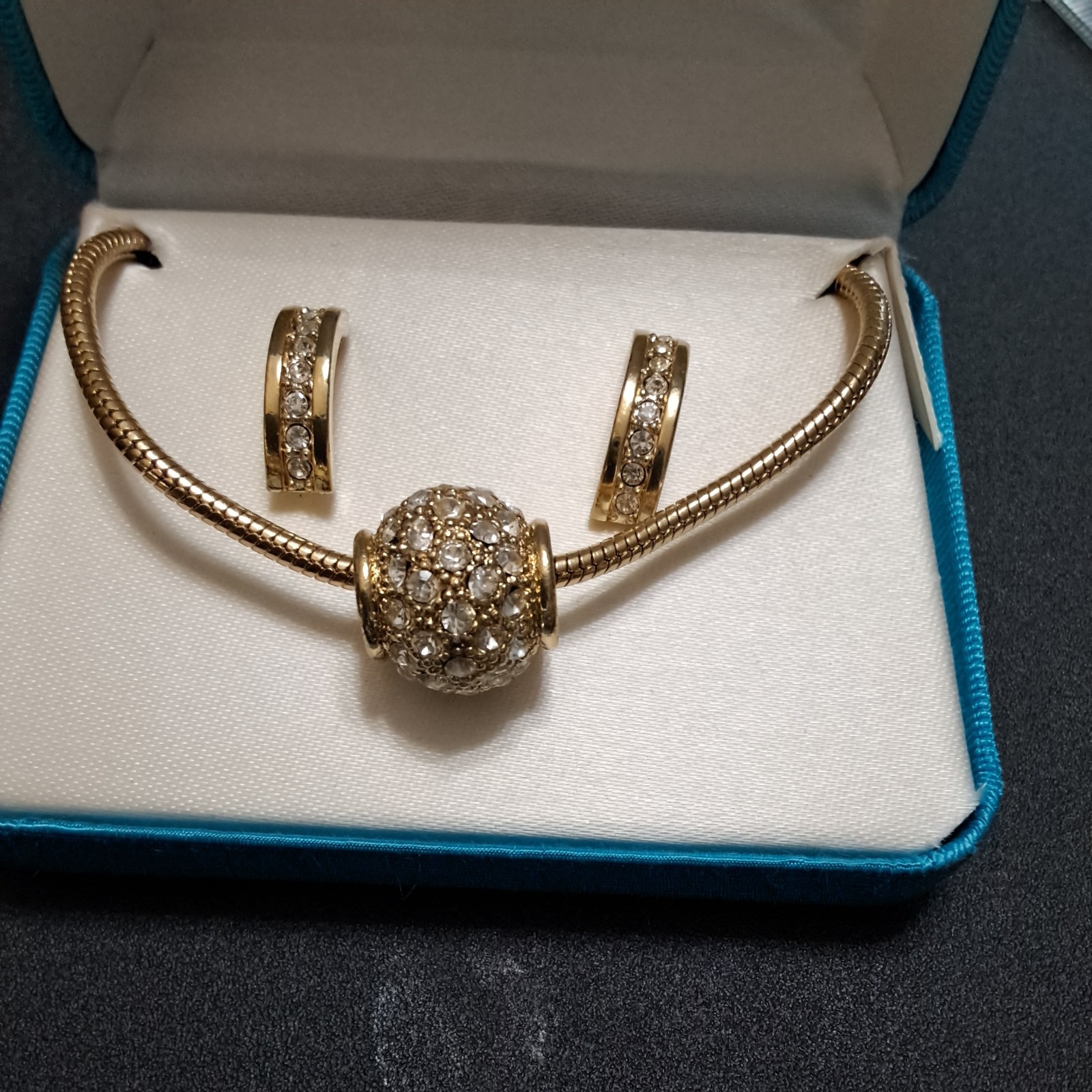 16″ GOLD SLIDER BALL SNAKE CHAIN NECKLACE & HALF HOOP PIERCED EARRINGS NIB #36