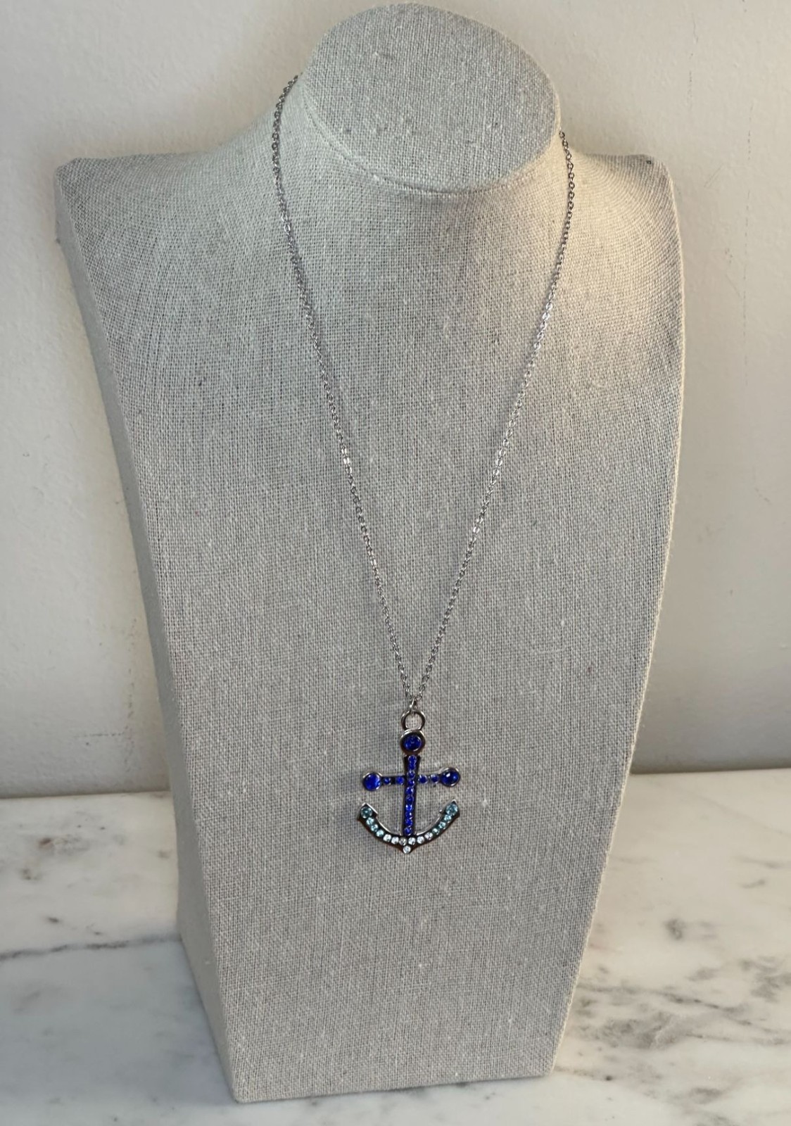 Blue Rhinestone Anchor Pendant Necklace Silver Tone Nautical Coastal Jewelry