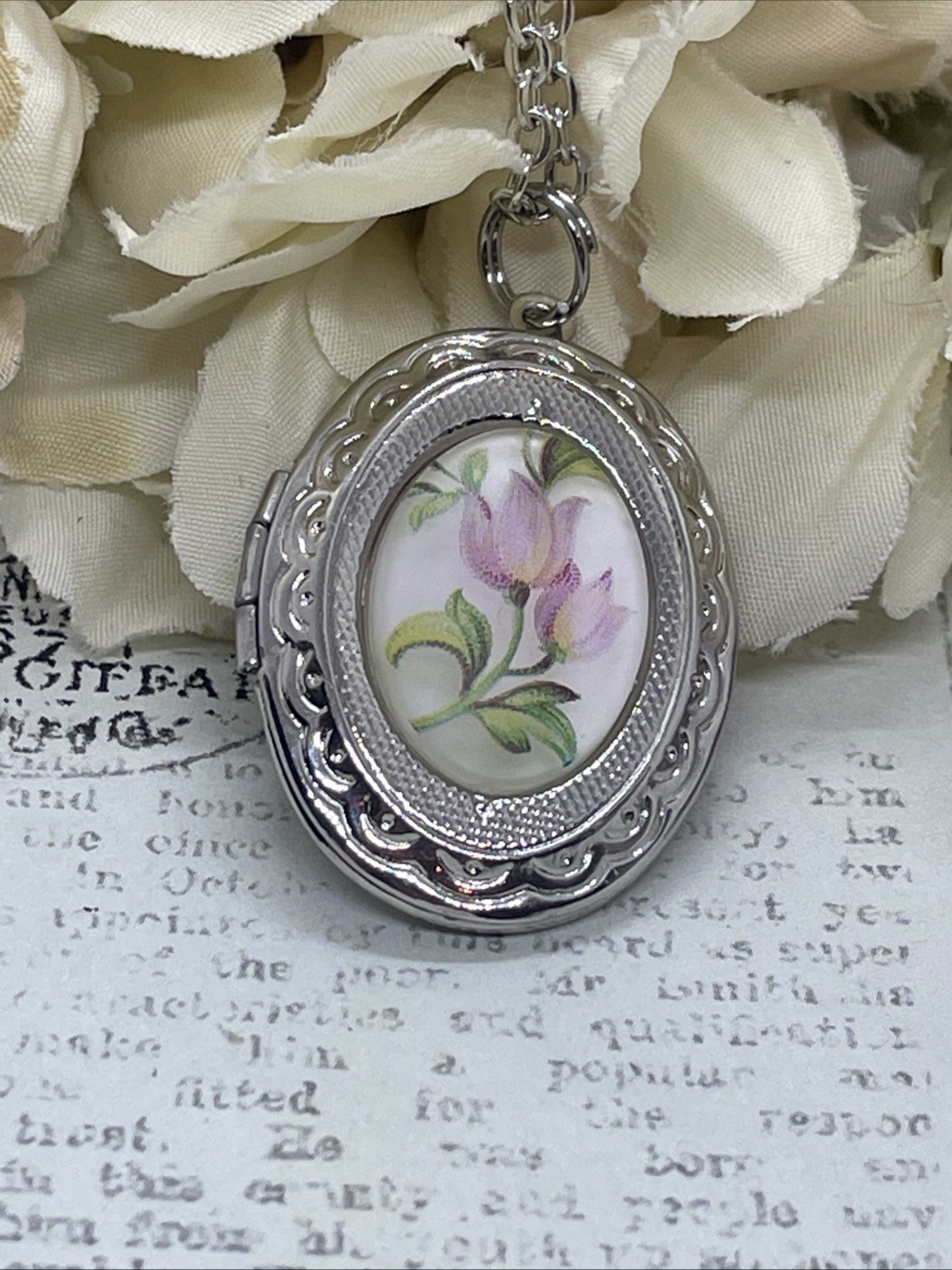 Pink Frosted Tulip Silver Photo Locket Necklace Bridal Gift Mom Wife Anniversary