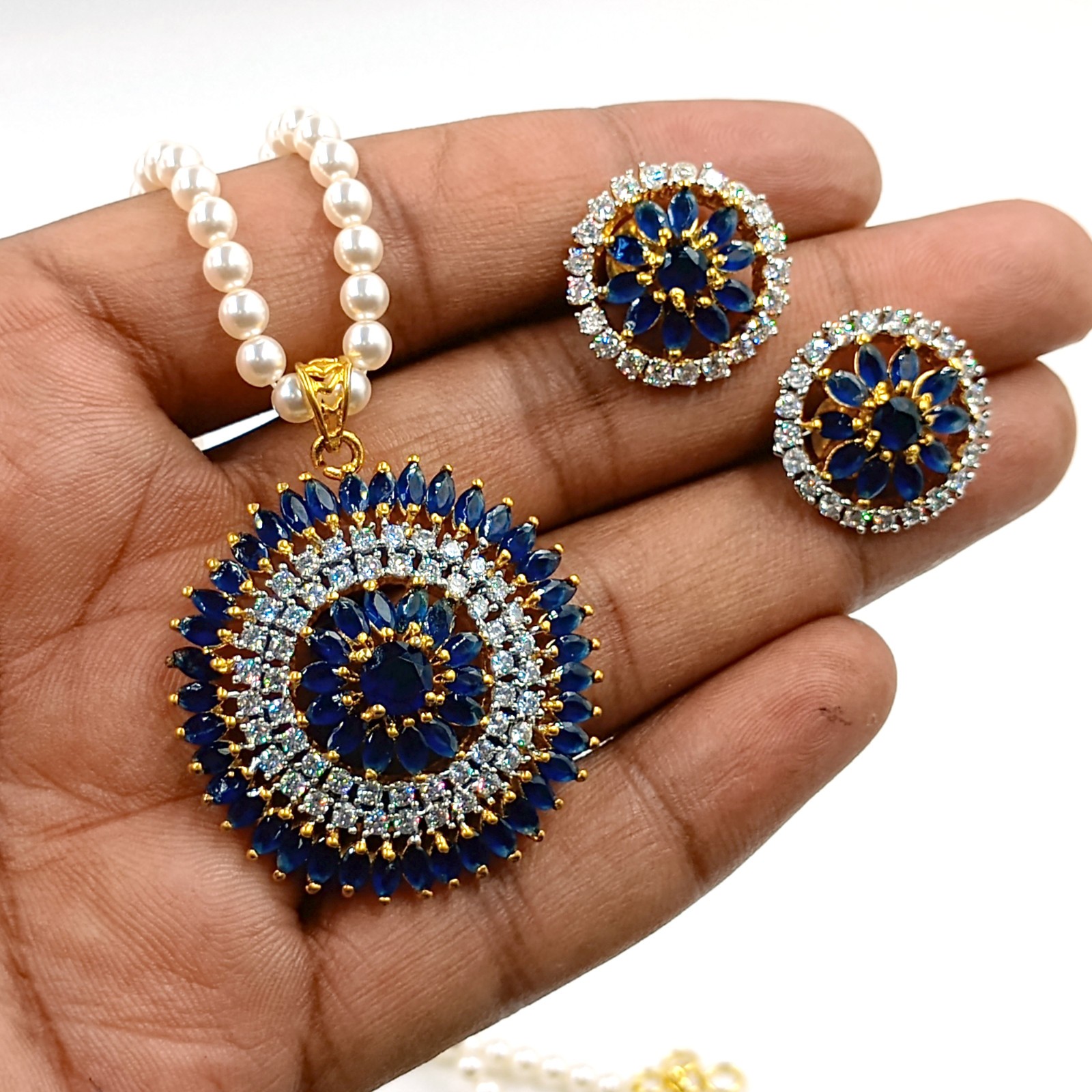 Traditional 22k Gold Plated Sapphire CZ Diamond Bridal Pendant Set Wedding Jewel
