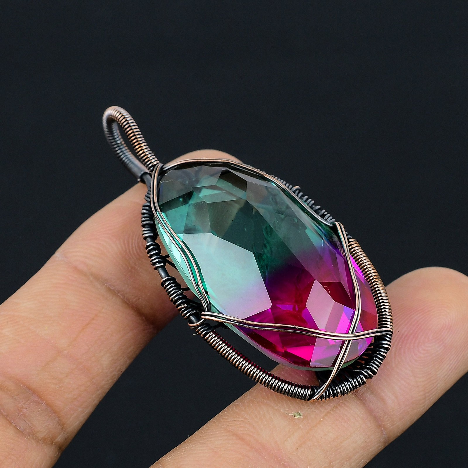 Bi Color Tourmaline Gemstone Copper Wire Wrap Jewely Pendant 2.3″ d113
