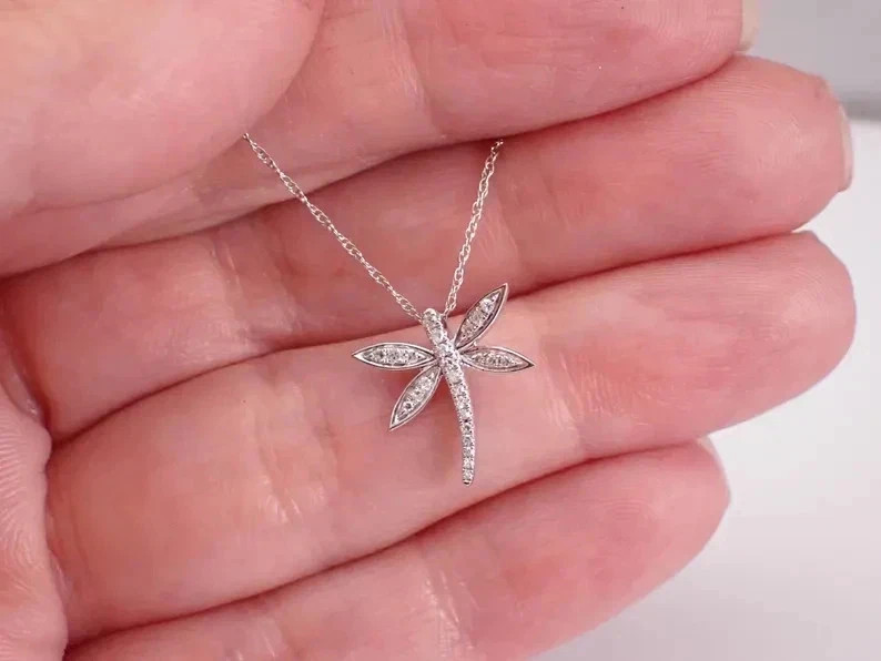 14k White Gold Plated 1.00Ct Round Simulated Diamond Dragonfly Pendant Necklace