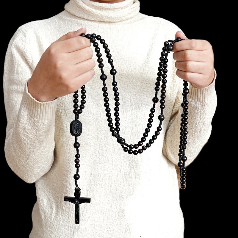 Ebony Black Wood Bead Fifteen 15 Decade Rosary Crucifix Madonna and Child Gift