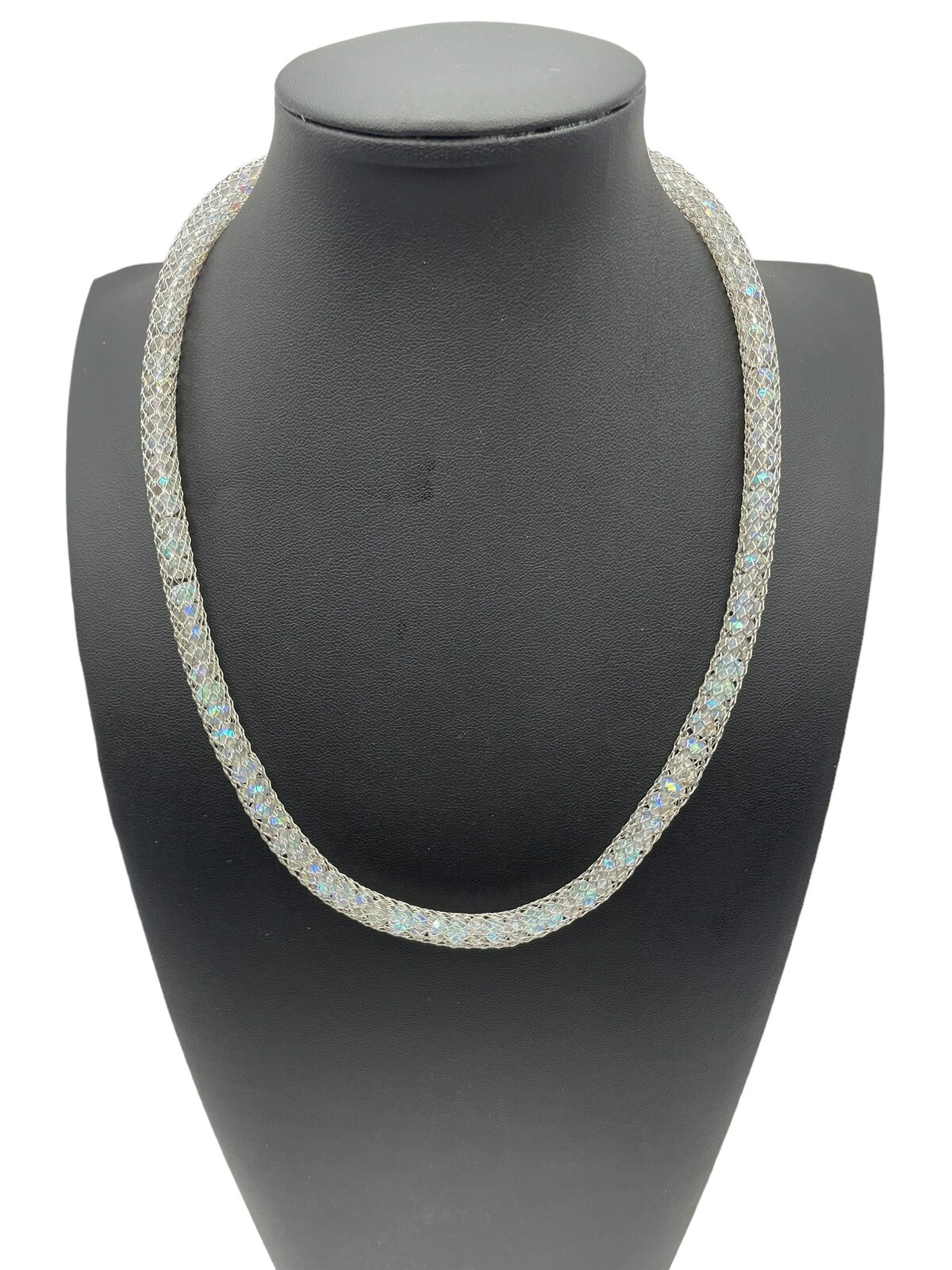 Stainless Steel China Mesh Net Aurora Borealis Bead Silver Tone Necklace Modern