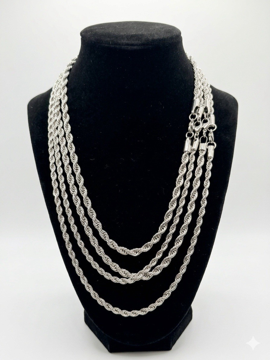 Stainless Steel Rope Chain Necklace 4mm 5mm Silver Tone 18” 20” 22” Waterproof