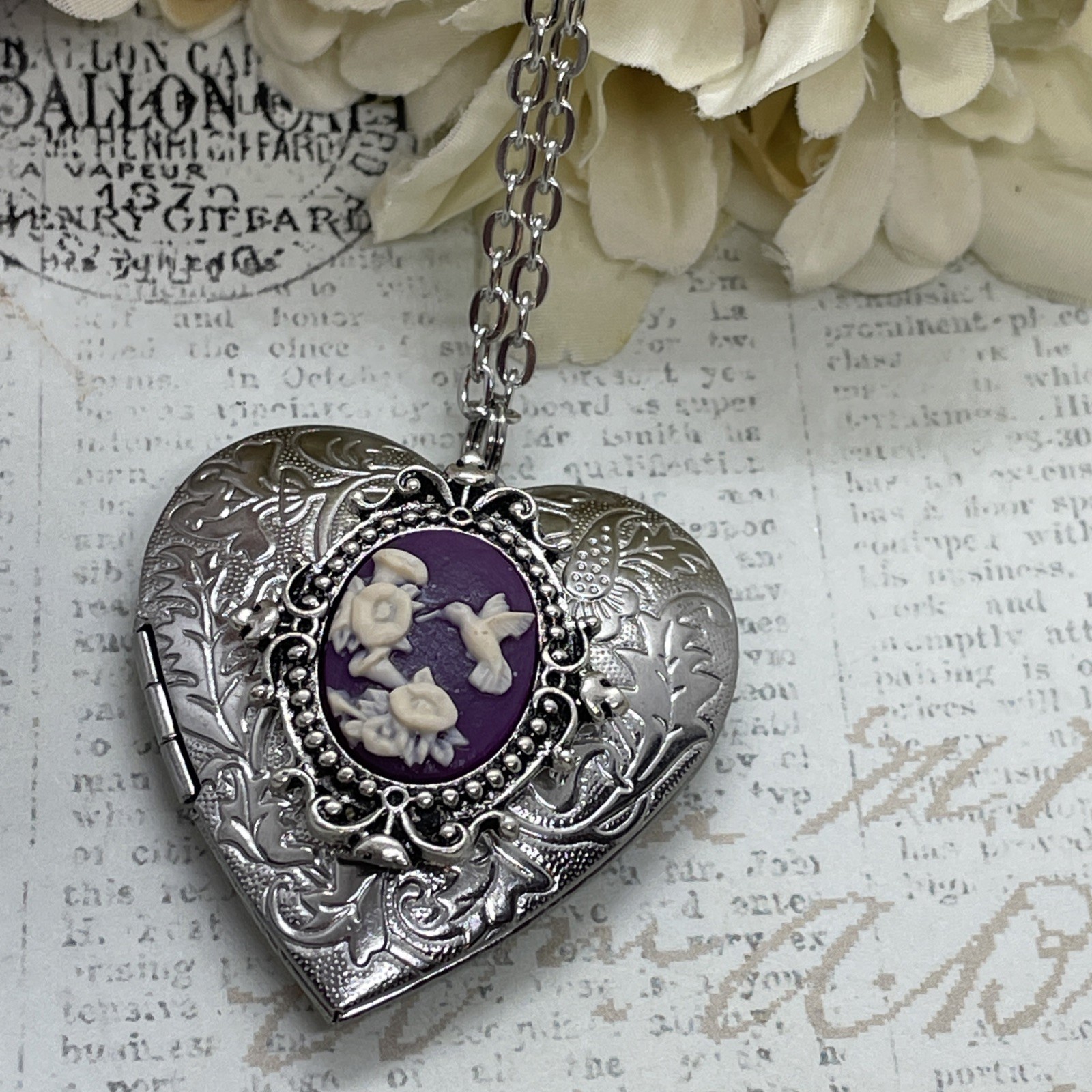 Heart Silver Locket Cameo Hummingbird purple Necklace Photo Bride bridal wedding