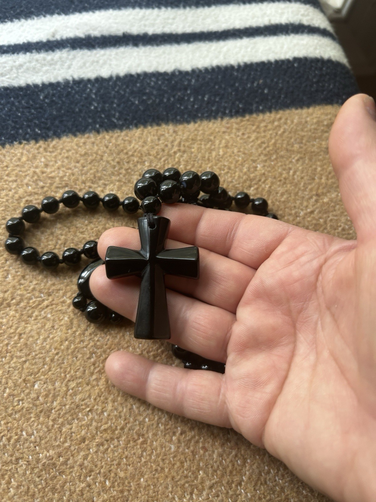 Obsidian Necklace Cross Charm Pendant Rosary 15 in
