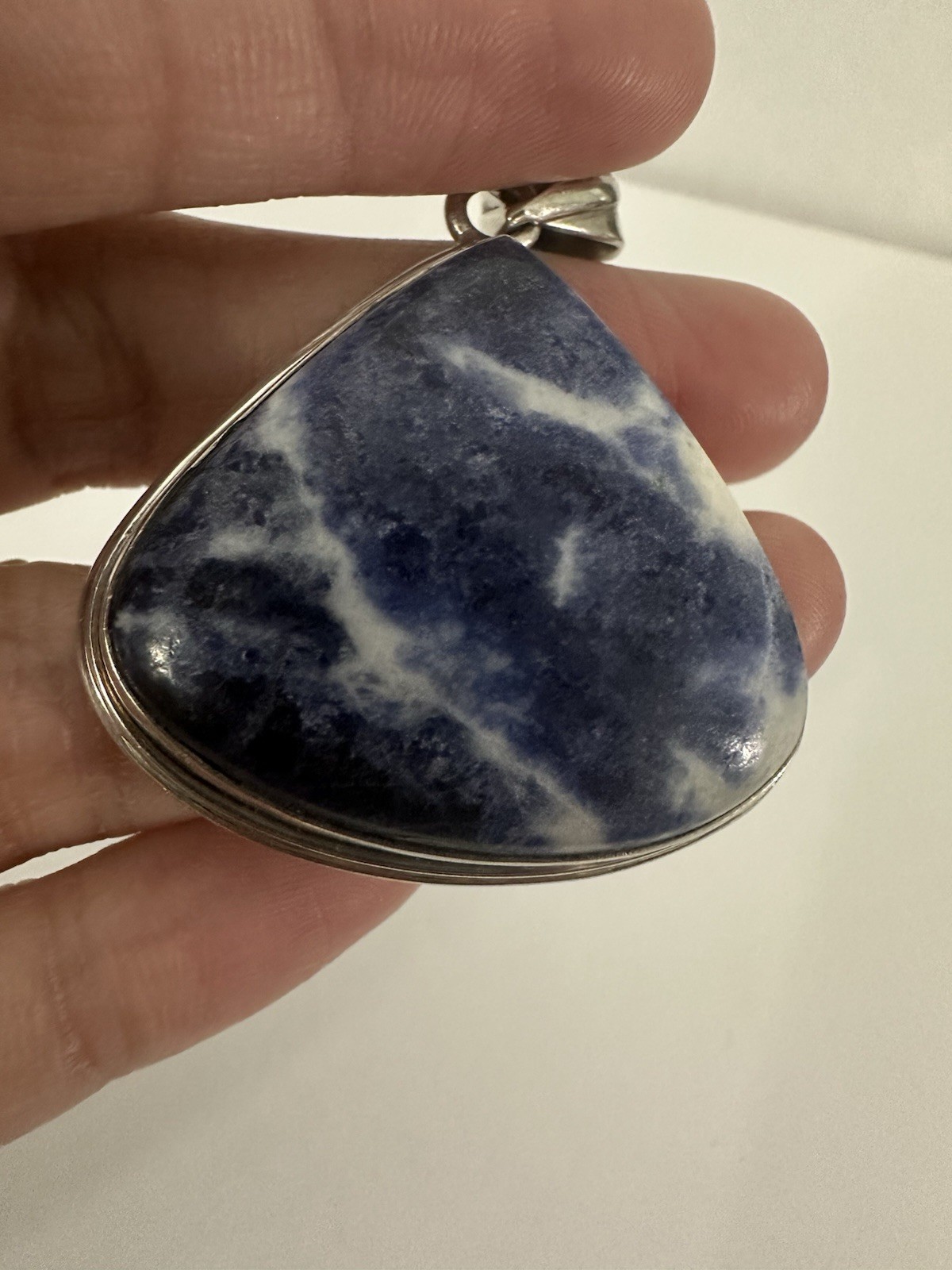 Sterling Silver 925 Blue White Sodalite Trillion Bezel Set Charm Pendant