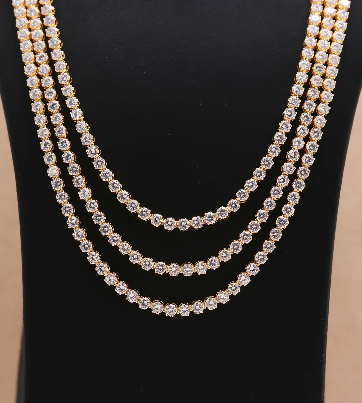 Cubic Zircon Triple Strand Necklace Earrings Set, Gold Plated Bridal Wedding