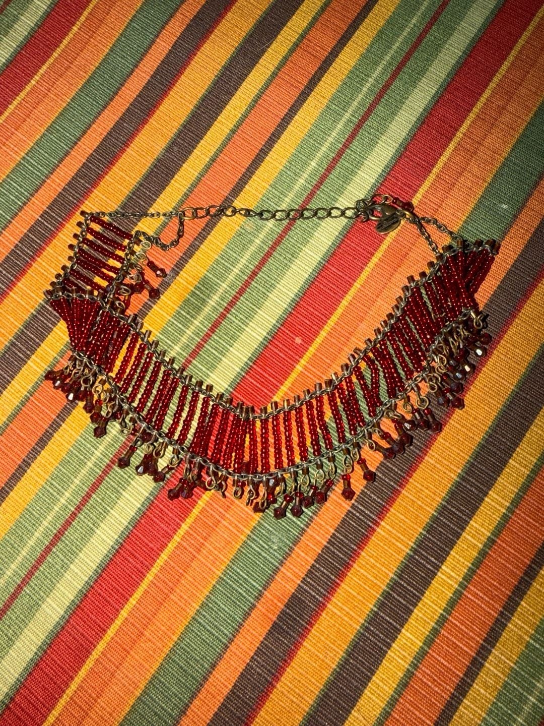 WHBM White House Black Market Red Beaded Fringe Bib Choker Necklace