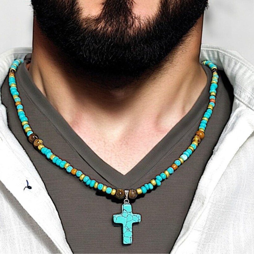 Turquoise Beaded Cross Necklace for Men Handmade Boho Jewelry Adjustable Chain