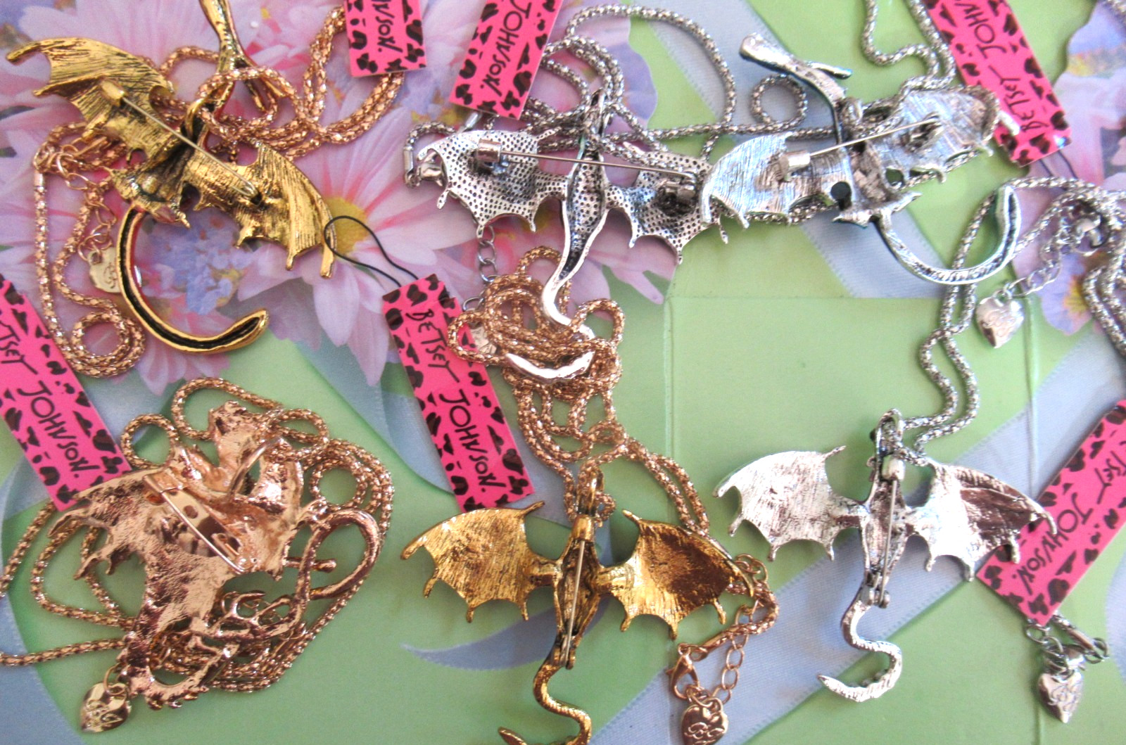 LOT OF 6 BETSEY JOHNSON Rhinestone Novelty DRAGON Necklaces / Brooches NWT NEW