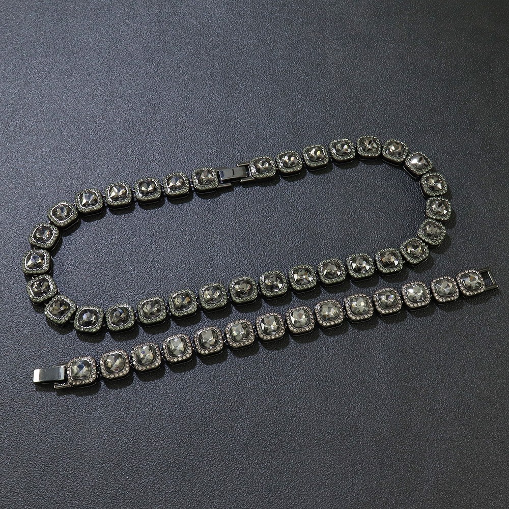 Gunmetal Gray Squar Tennis Jewelry Stainless Steel Necklace Bracelet Unisex Kit